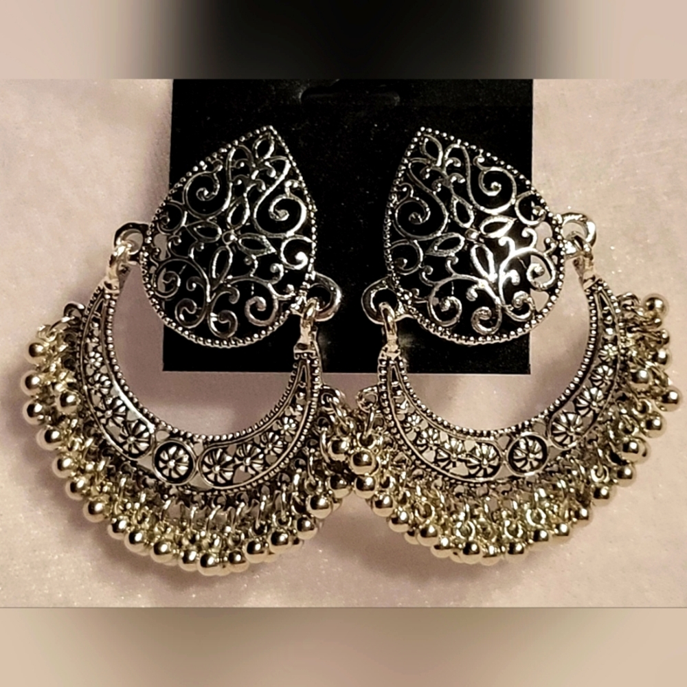 Bollywood Silver Tone Dangle Stud Earrings